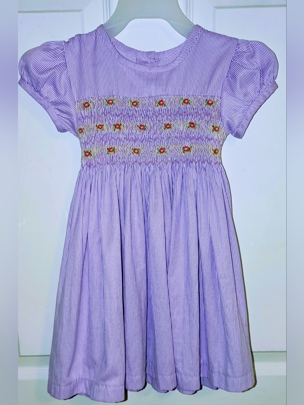 Lavender & White Pinstripes, Smocked  panel With embroidered floral Detail